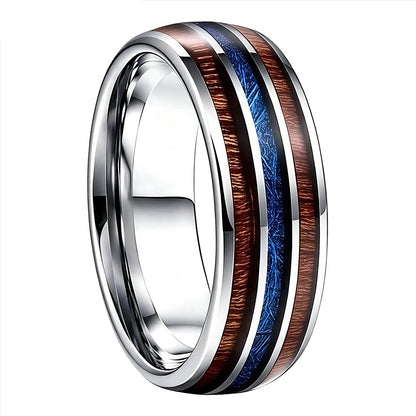 Tungsten Ring with Wood and Blue Meteorite Inlay