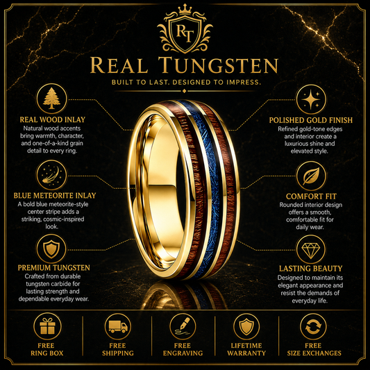 Tungsten Ring with Wood &amp; Blue Meteorite Inlay
