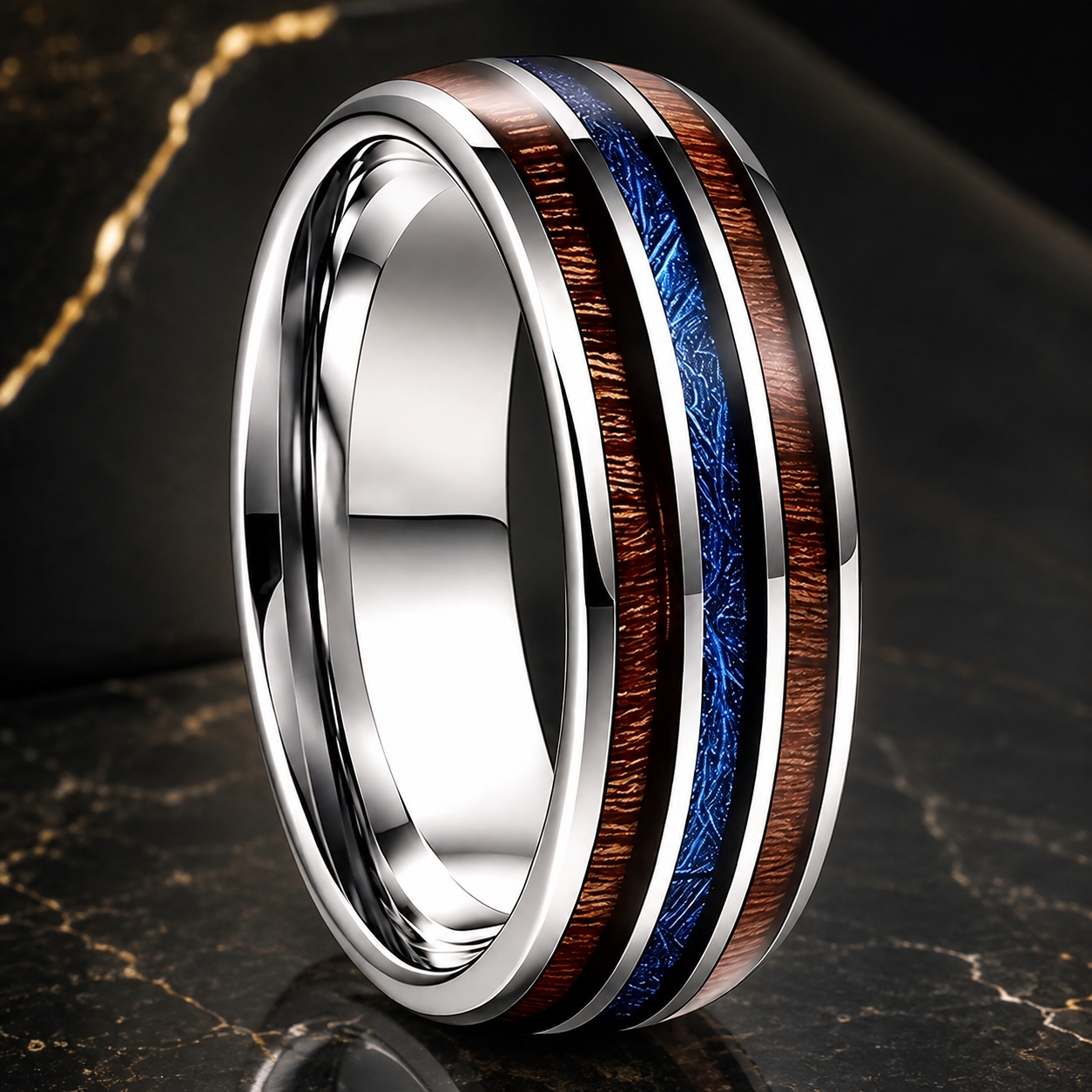 Tungsten Ring with Wood &amp; Blue Meteorite Inlay
