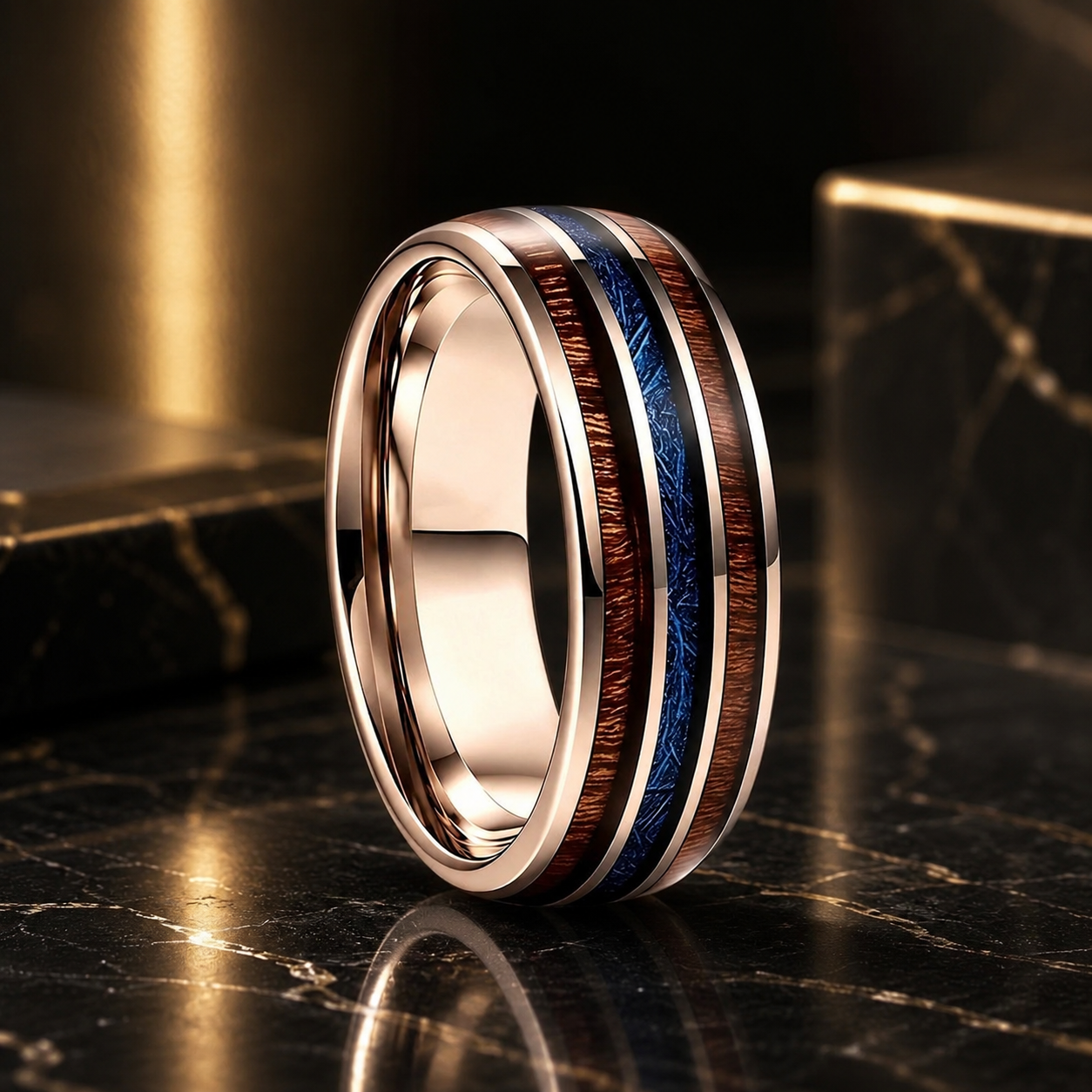 Tungsten Ring with Wood and Blue Meteorite Inlay