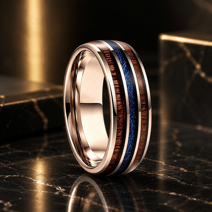 Tungsten Ring with Wood and Blue Meteorite Inlay