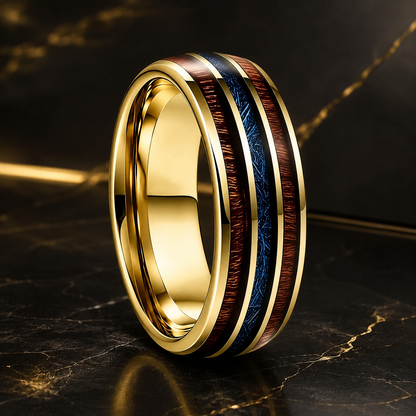 Tungsten Ring with Wood and Blue Meteorite Inlay