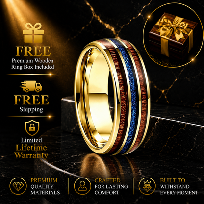 Tungsten Ring with Wood and Blue Meteorite Inlay