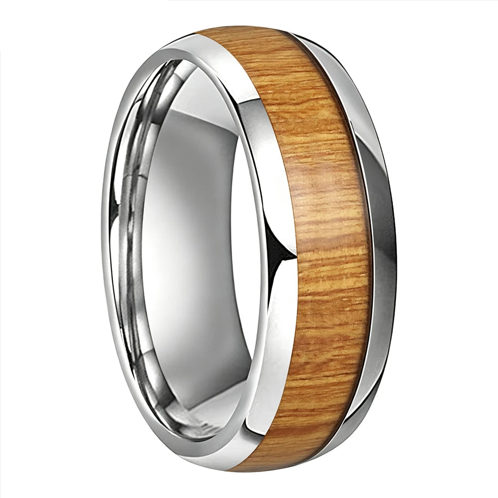 Tungsten Ring with Yellow Peach Wood Inlay