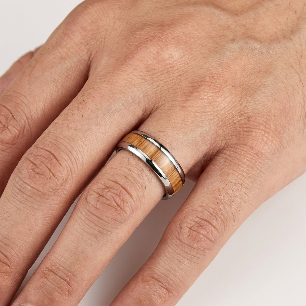 Tungsten Ring with Yellow Peach Wood Inlay