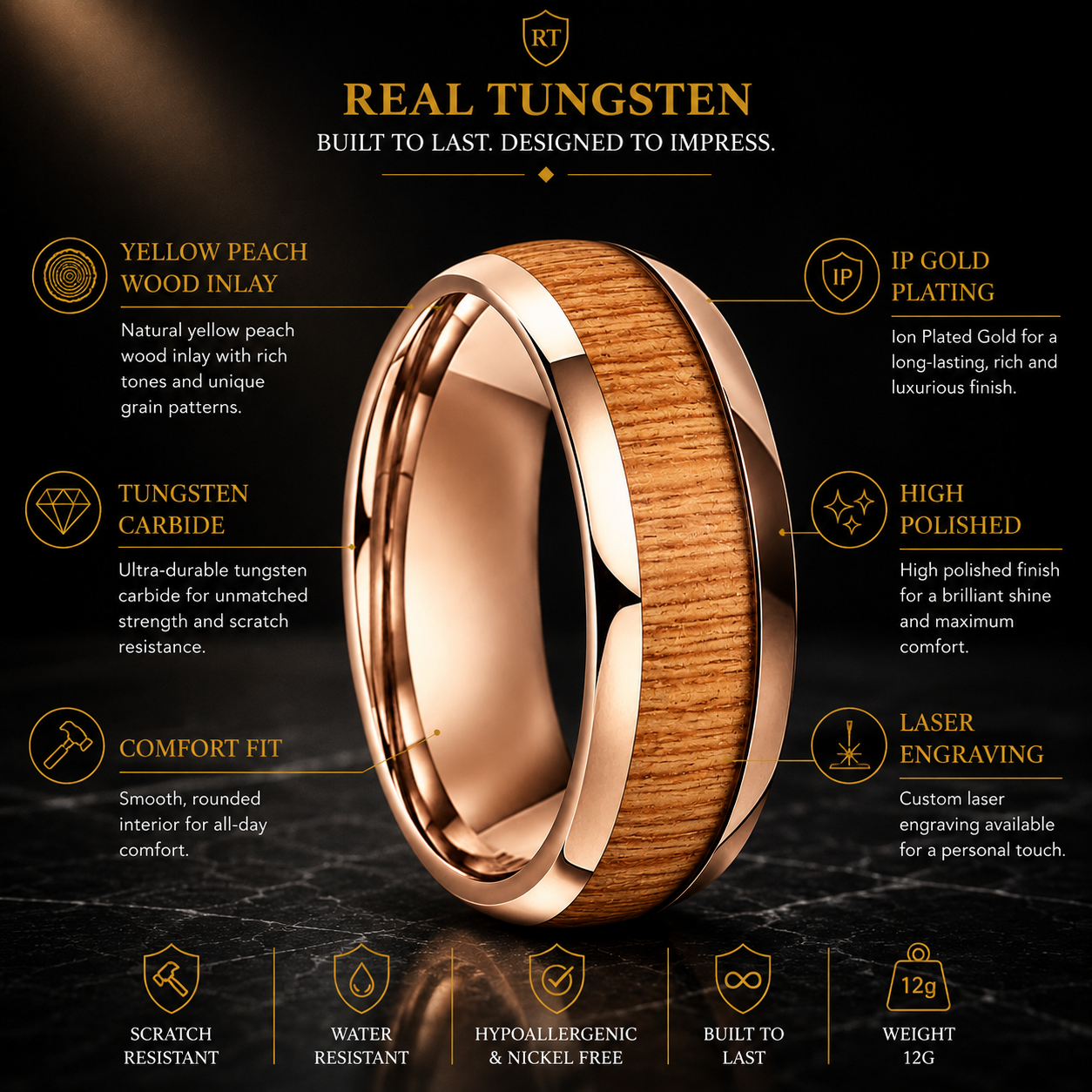 Tungsten Ring with Yellow Peach Wood Inlay