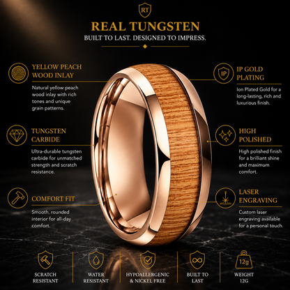 Tungsten Ring with Yellow Peach Wood Inlay