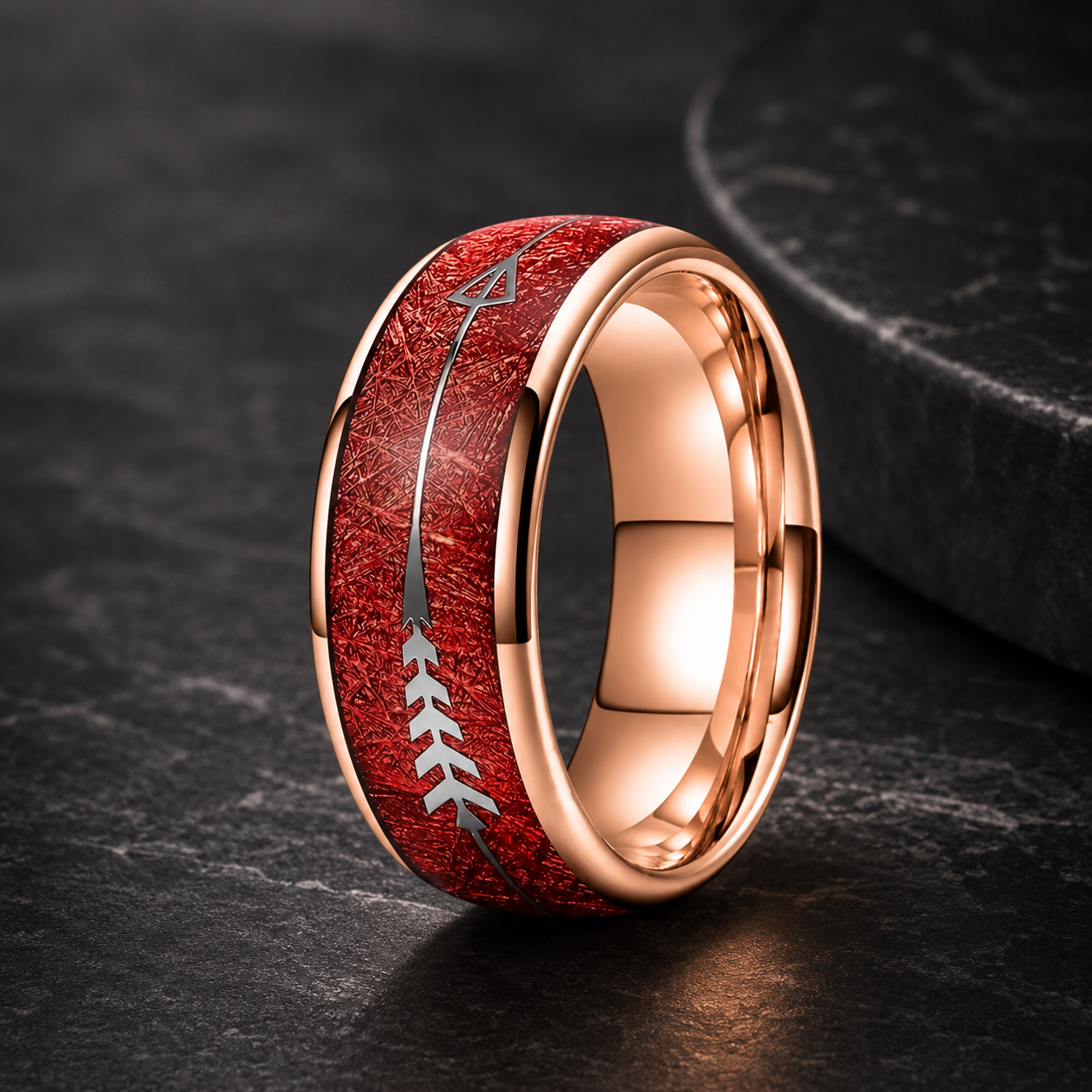 Tungsten Ring with red Meteorite and Silver Arrow Inlay