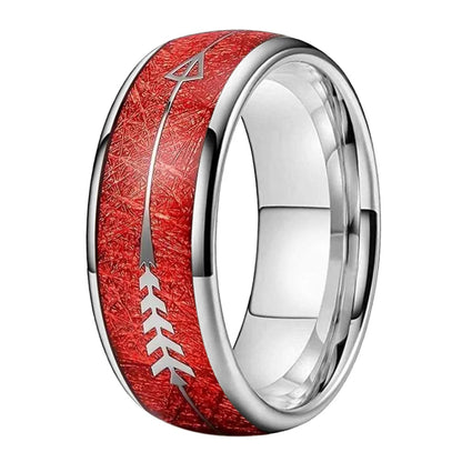 Tungsten Ring with red Meteorite and Silver Arrow Inlay