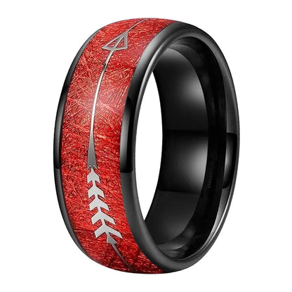 Tungsten Ring with red Meteorite and Silver Arrow Inlay