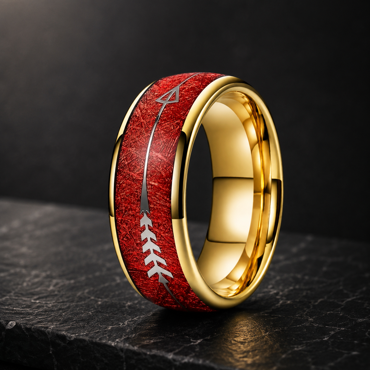 Tungsten Ring with red Meteorite and Silver Arrow Inlay