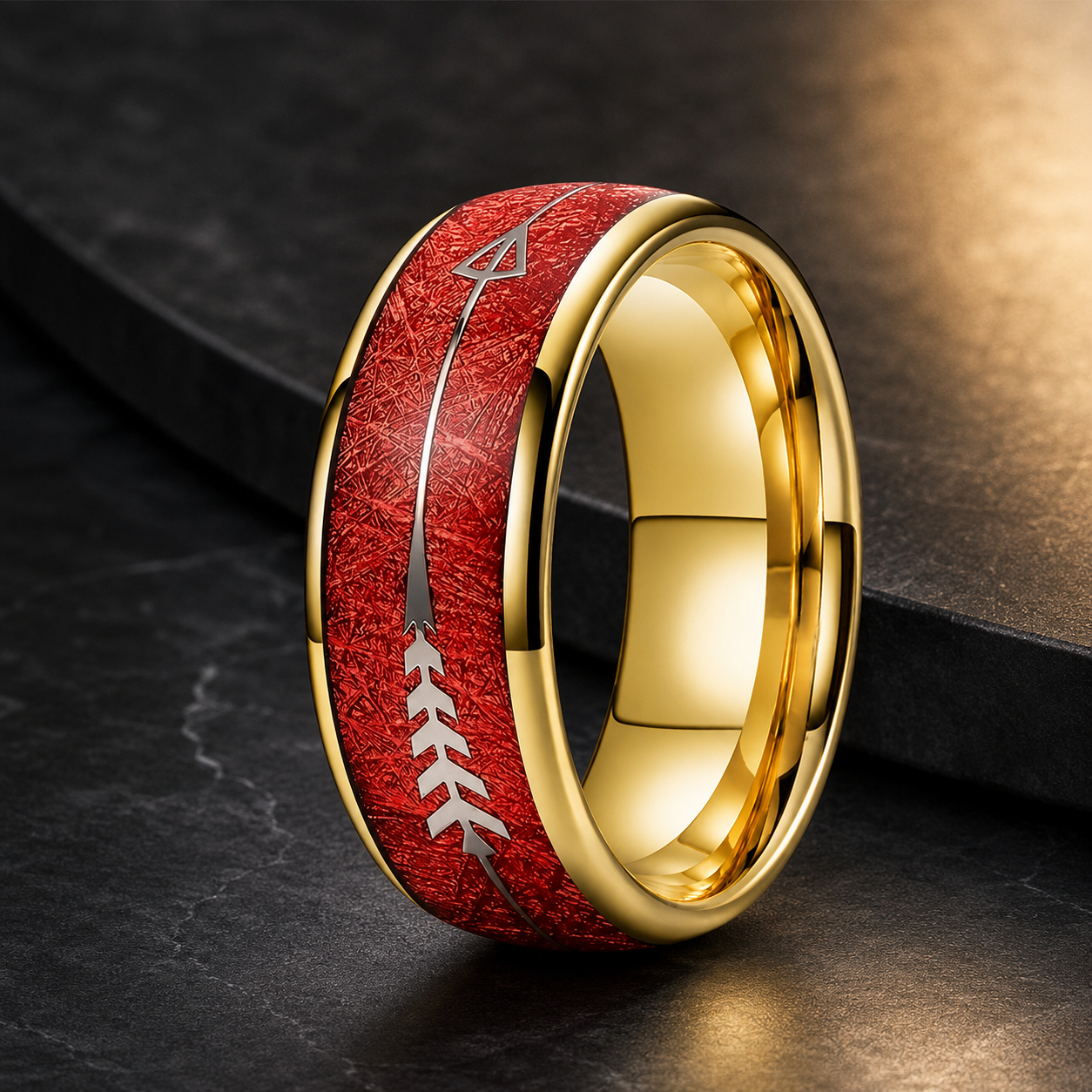 Tungsten Ring with red Meteorite and Silver Arrow Inlay
