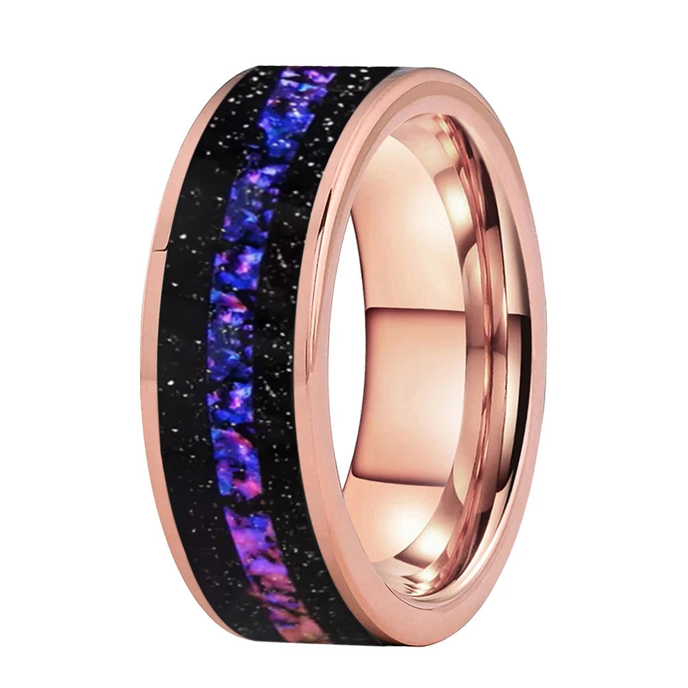 Tungsten Rose gold ring with purple and black inlay