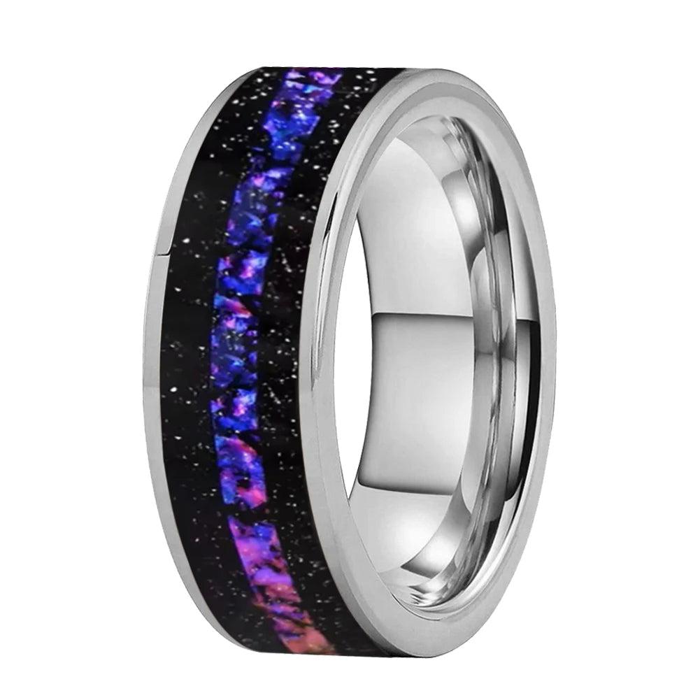 Tungsten Silver ring with purple and blue cosmic design