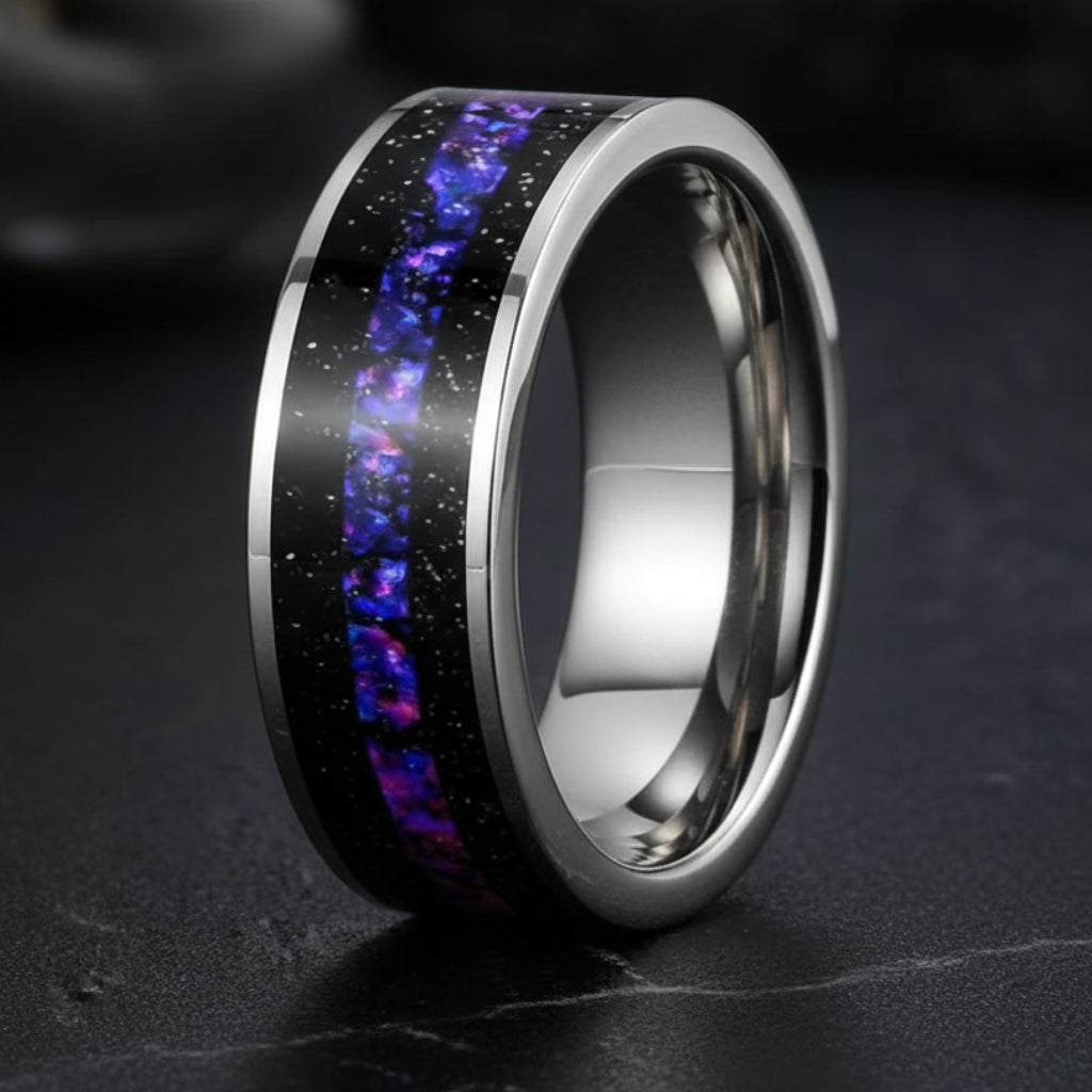 Tungsten Silver ring with purple and blue inlay