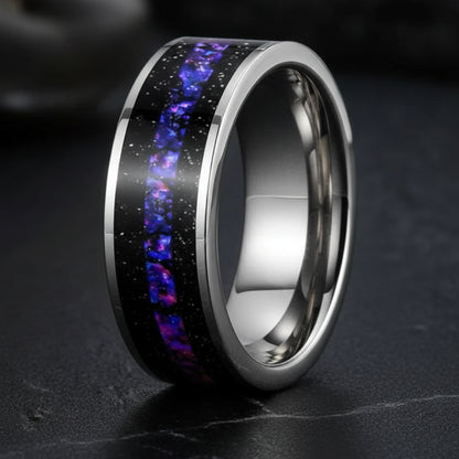 Tungsten Silver ring with purple and blue inlay