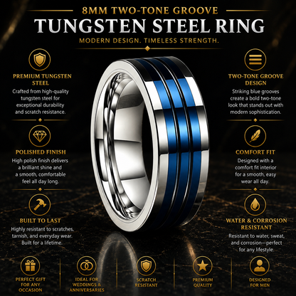 Tungsten Steel Ring for Men with Two-Tone Groove
