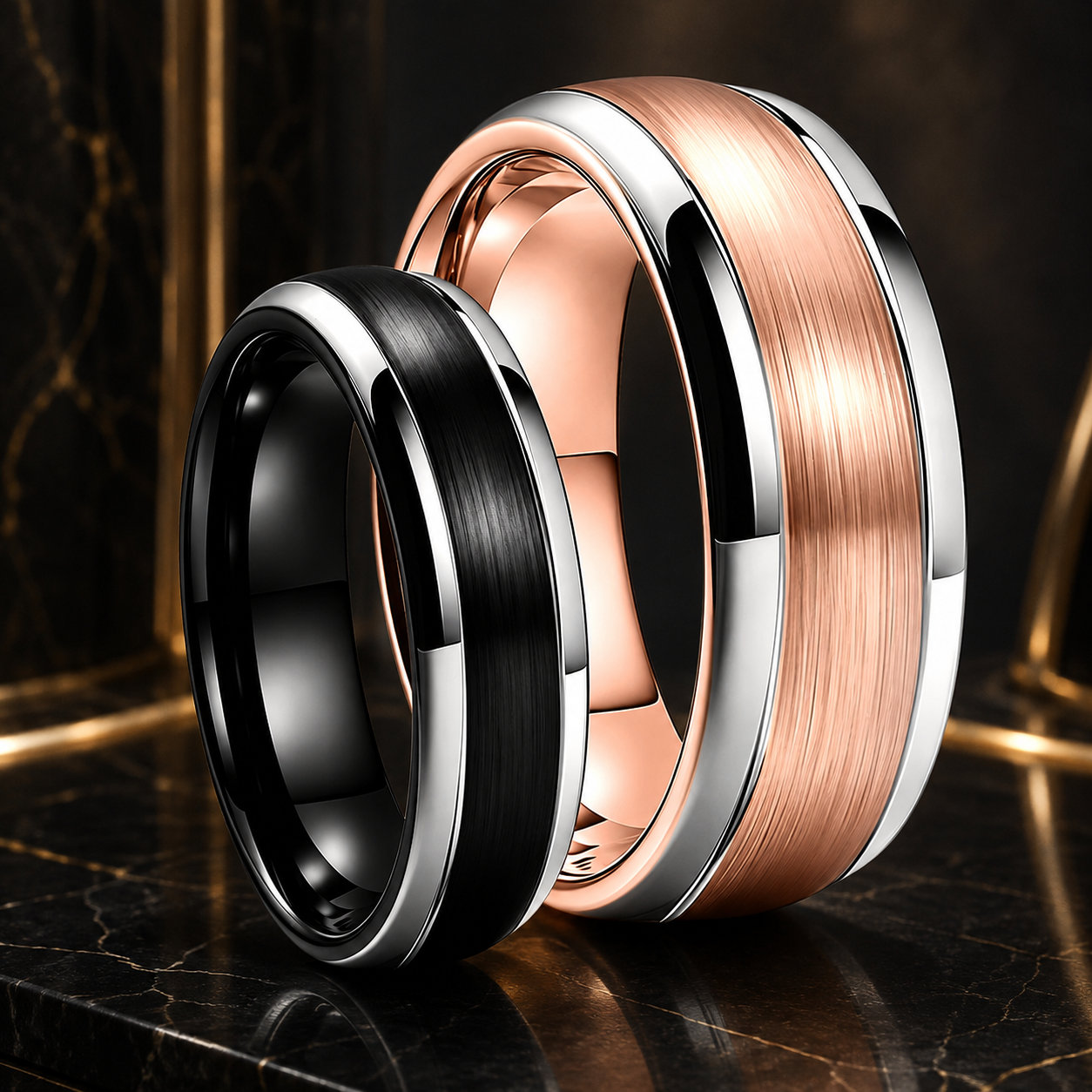 Tungsten Steel Wedding Ring Set with Silver Edge