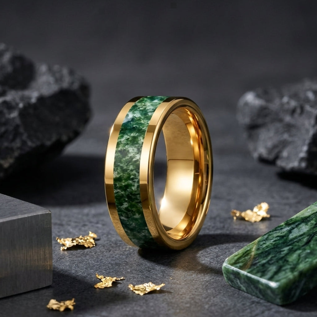 Tungsten Wedding Band with Moss Agate Inlay