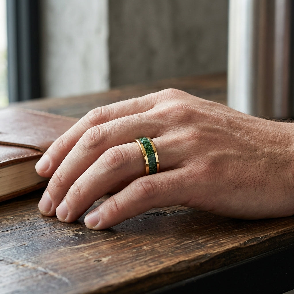 Tungsten Wedding Band with Moss Agate Inlay