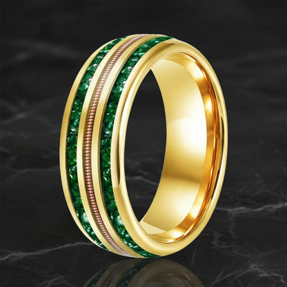 8MM Tungsten Wedding Band with Green Crystal & Rose Gold Guitar String