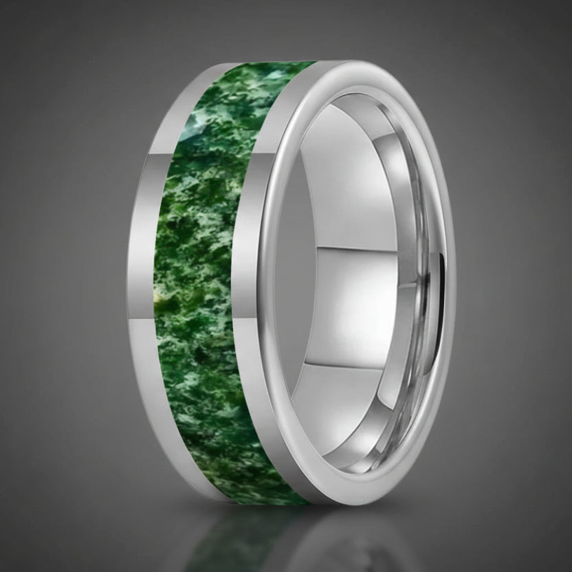 Tungsten Wedding Band with Moss Agate Inlay