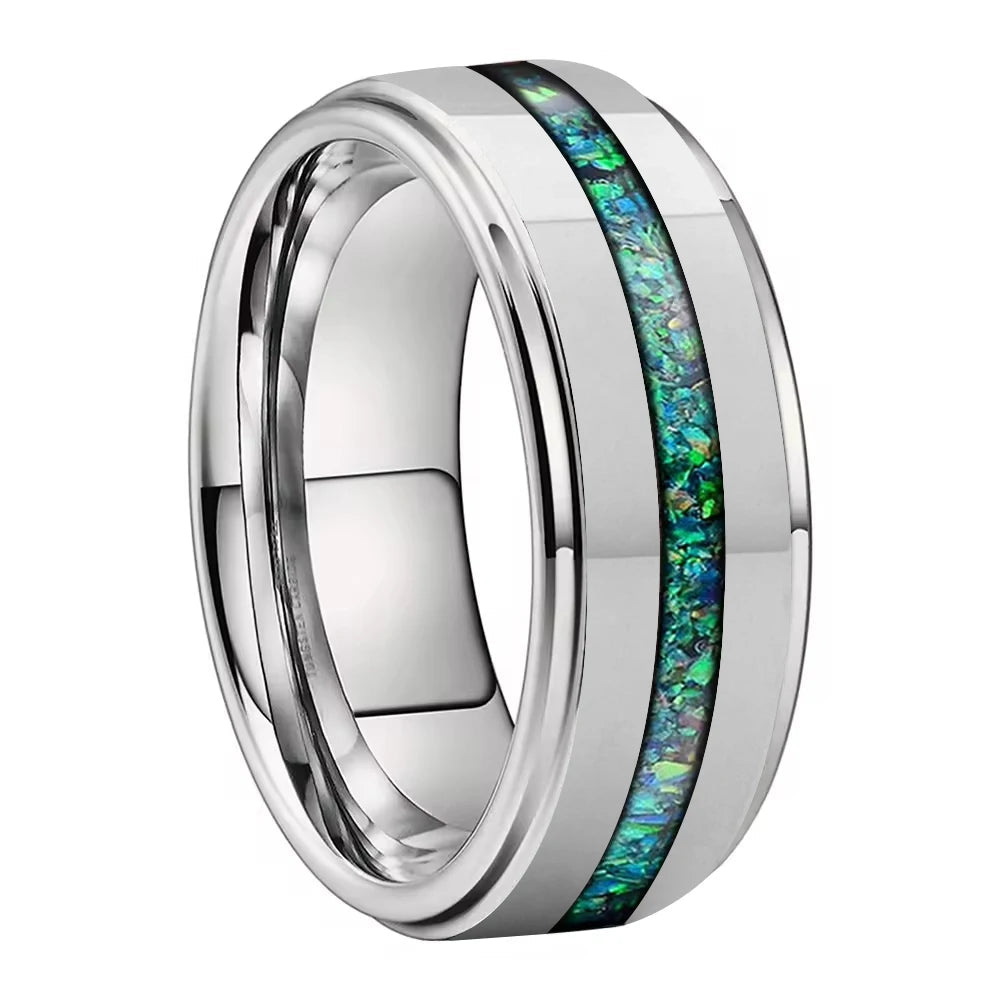 Tungsten Wedding Band with Real Green Opal Inlay