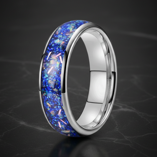 Tungsten Wedding Band with True Blue Galaxy Opal Inlay