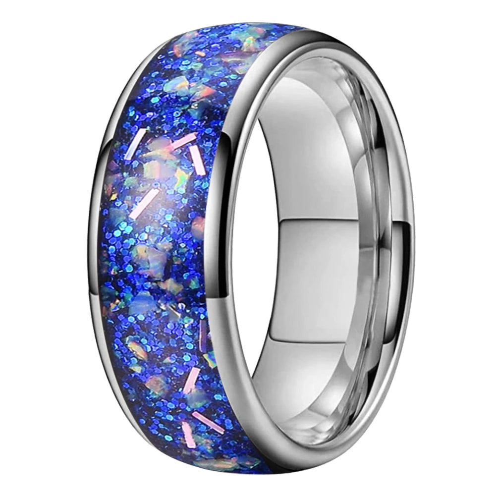 8MM Tungsten Wedding Band with True Blue Galaxy Opal Inlay