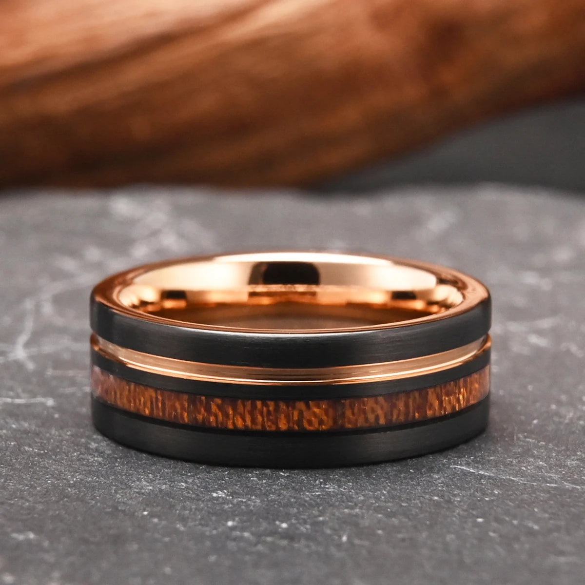Tungsten Wedding Ring with Wood Inlay & Rose Gold – 6MM/8MM