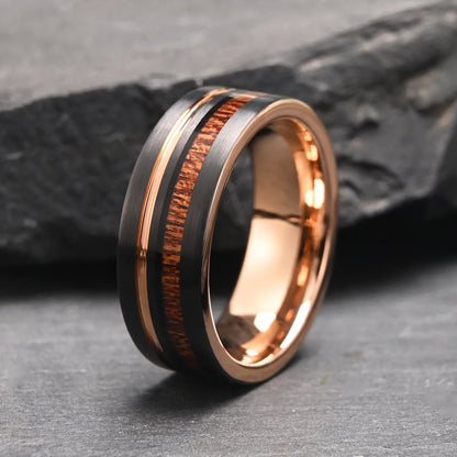 Tungsten Wedding Ring with Wood Inlay & Rose Gold – 6MM/8MM