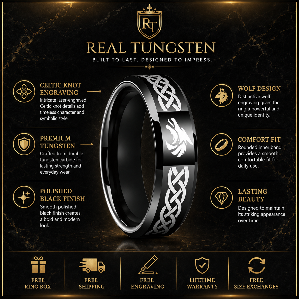 Tungsten Wolf Ring with Celtic Knot Laser Engraving