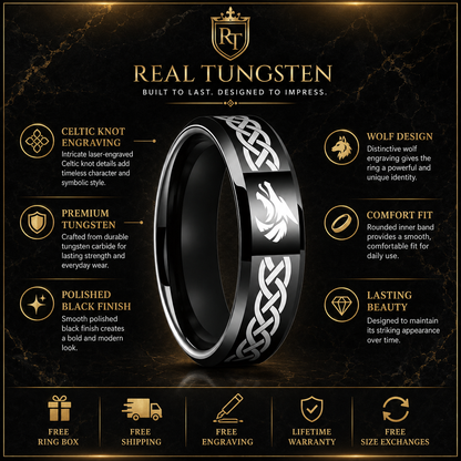 Tungsten Wolf Ring with Celtic Knot Laser Engraving