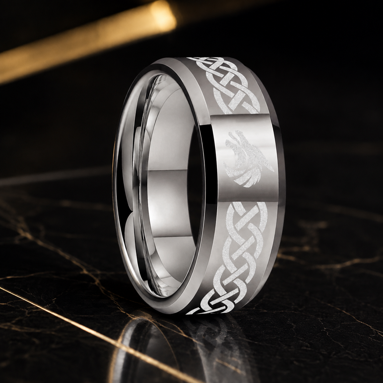 Tungsten Wolf Ring with Celtic Knot Laser Engraving