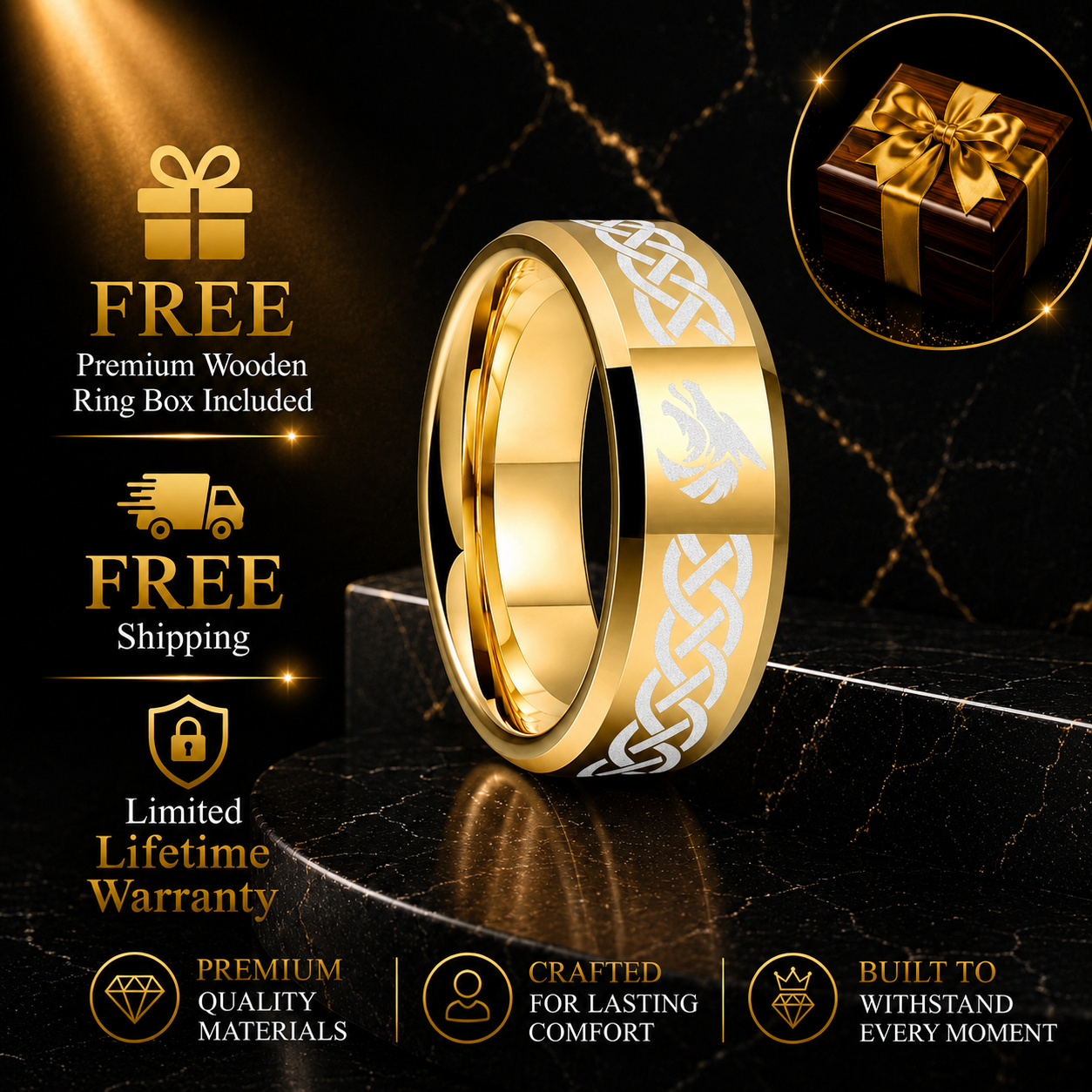 Tungsten Wolf Ring with Celtic Knot Laser Engraving