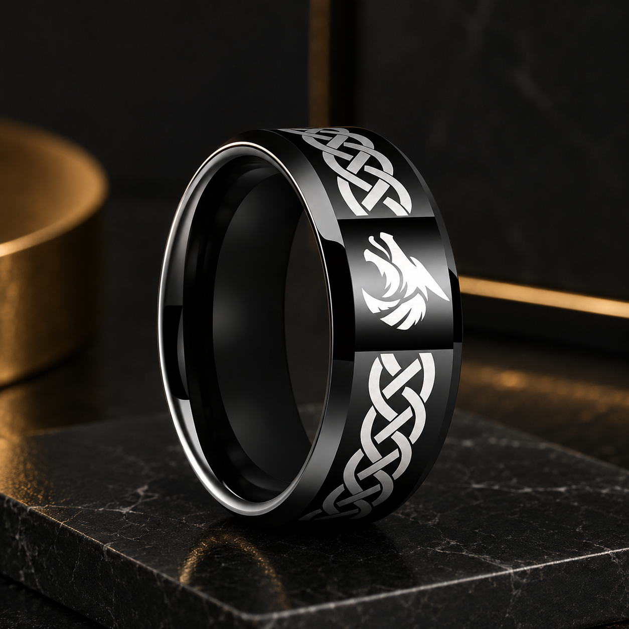 Tungsten Wolf Ring with Celtic Knot Laser Engraving