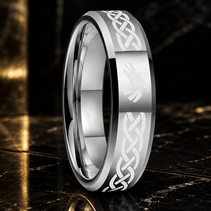 Tungsten Wolf Ring with Celtic Knot Laser Engraving