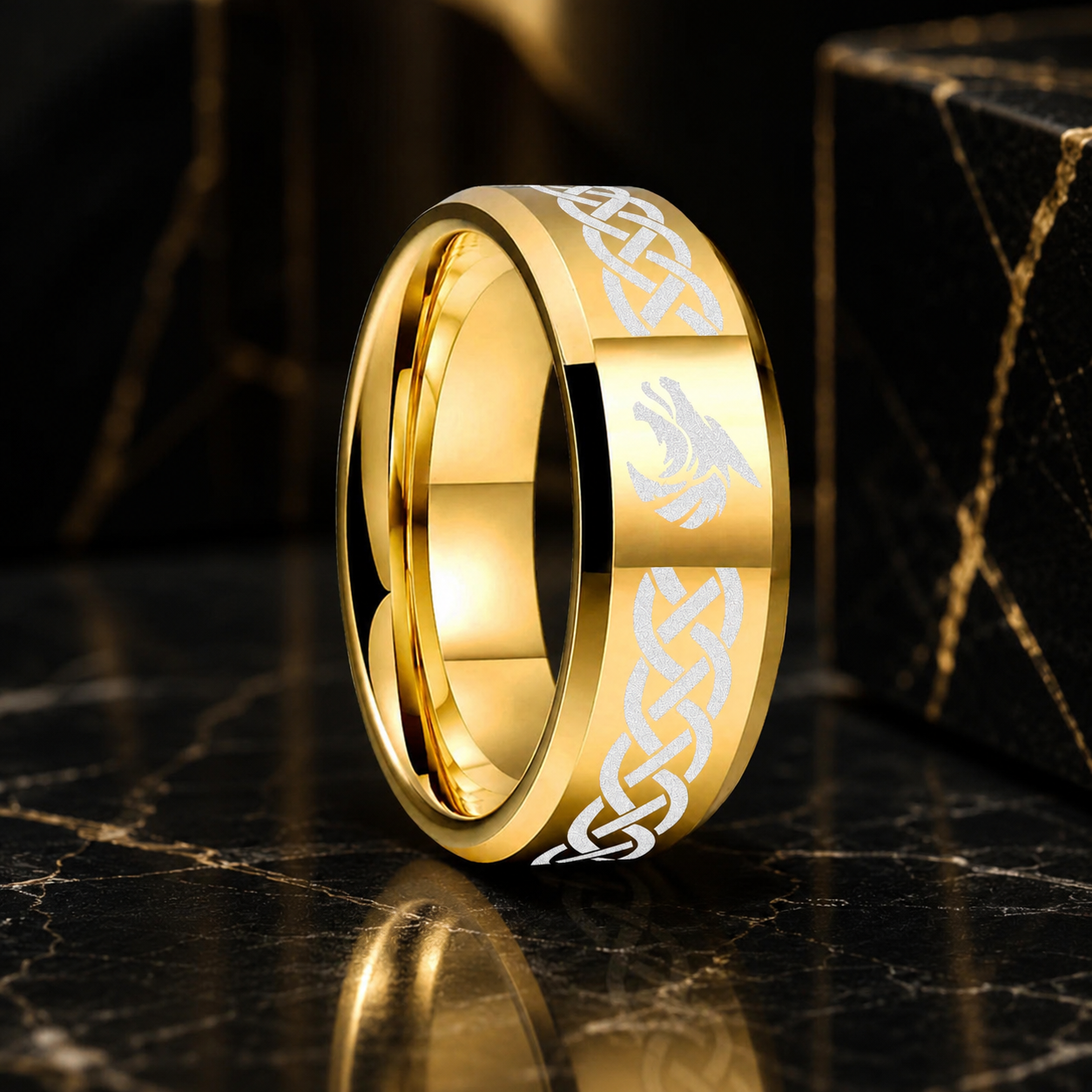 Tungsten Wolf Ring with Celtic Knot Laser Engraving
