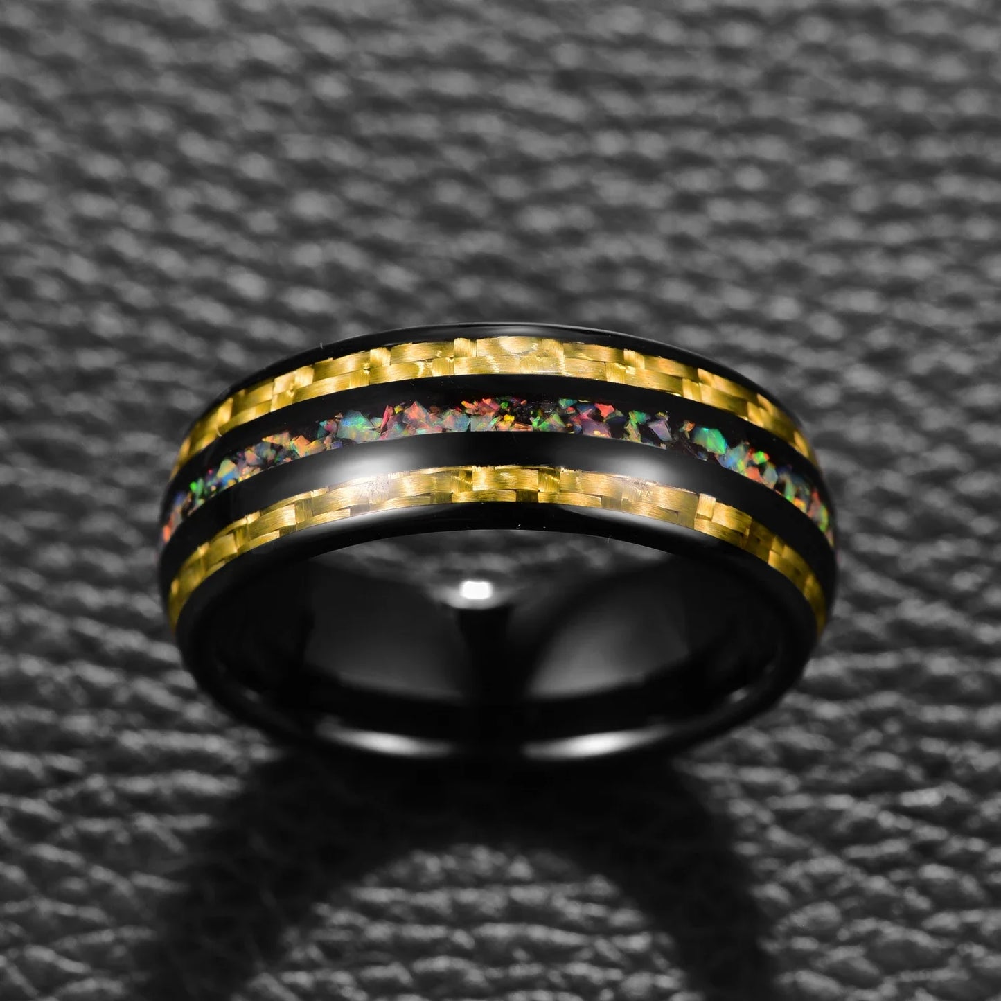 Tungsten carbide ring with gold and multicolor inlay