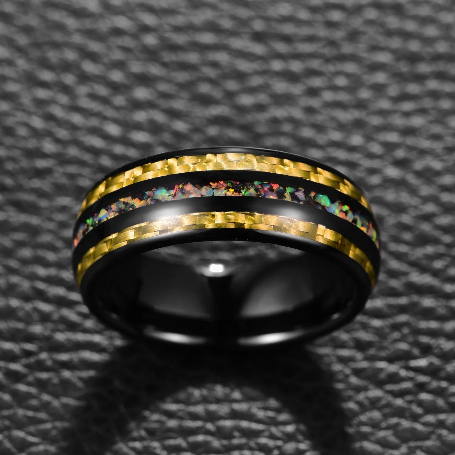 Tungsten carbide ring with gold and multicolor inlay