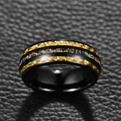 Tungsten carbide ring with gold and multicolor inlay
