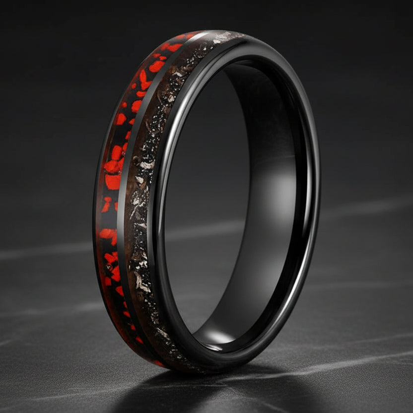 Tungsten meteorite dinosaur bone ring