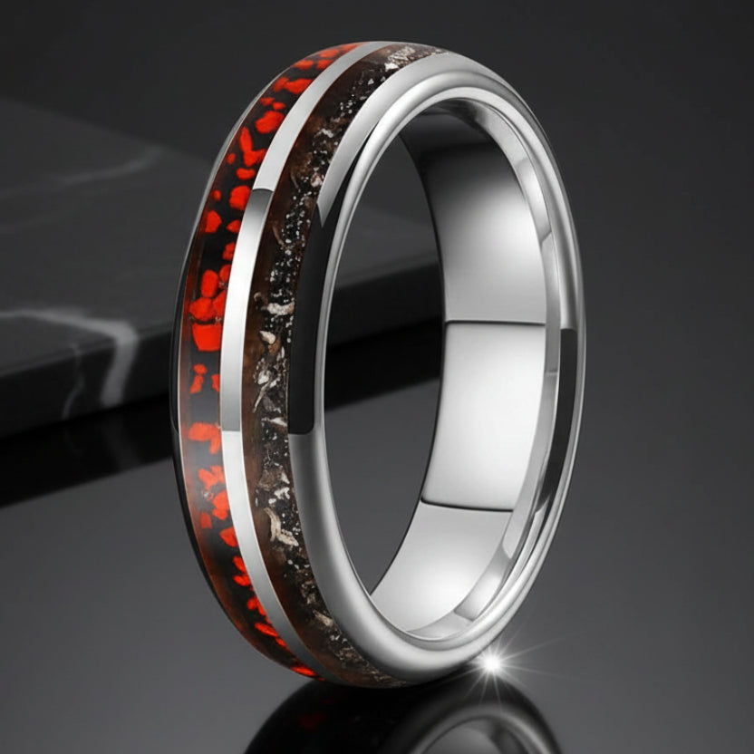 Tungsten meteorite dinosaur bone ring