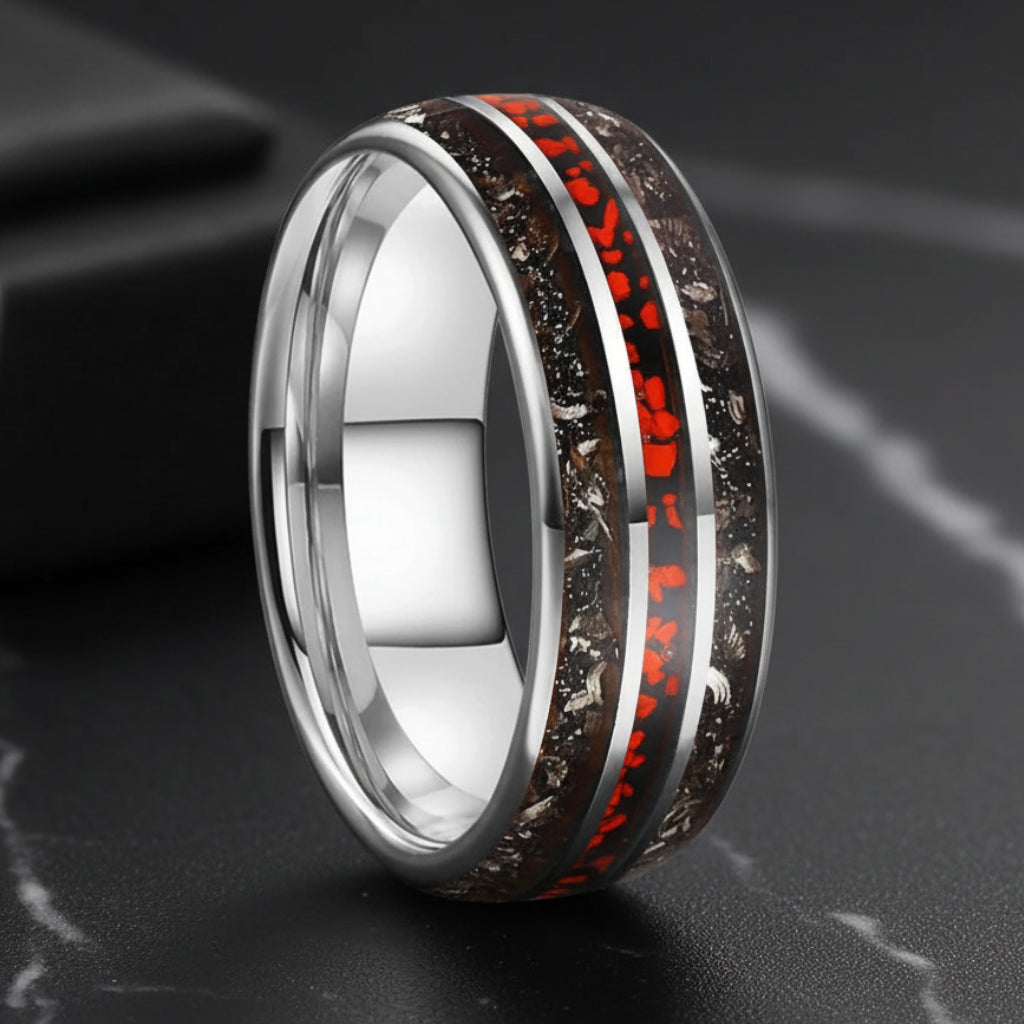 Tungsten meteorite dinosaur bone ring