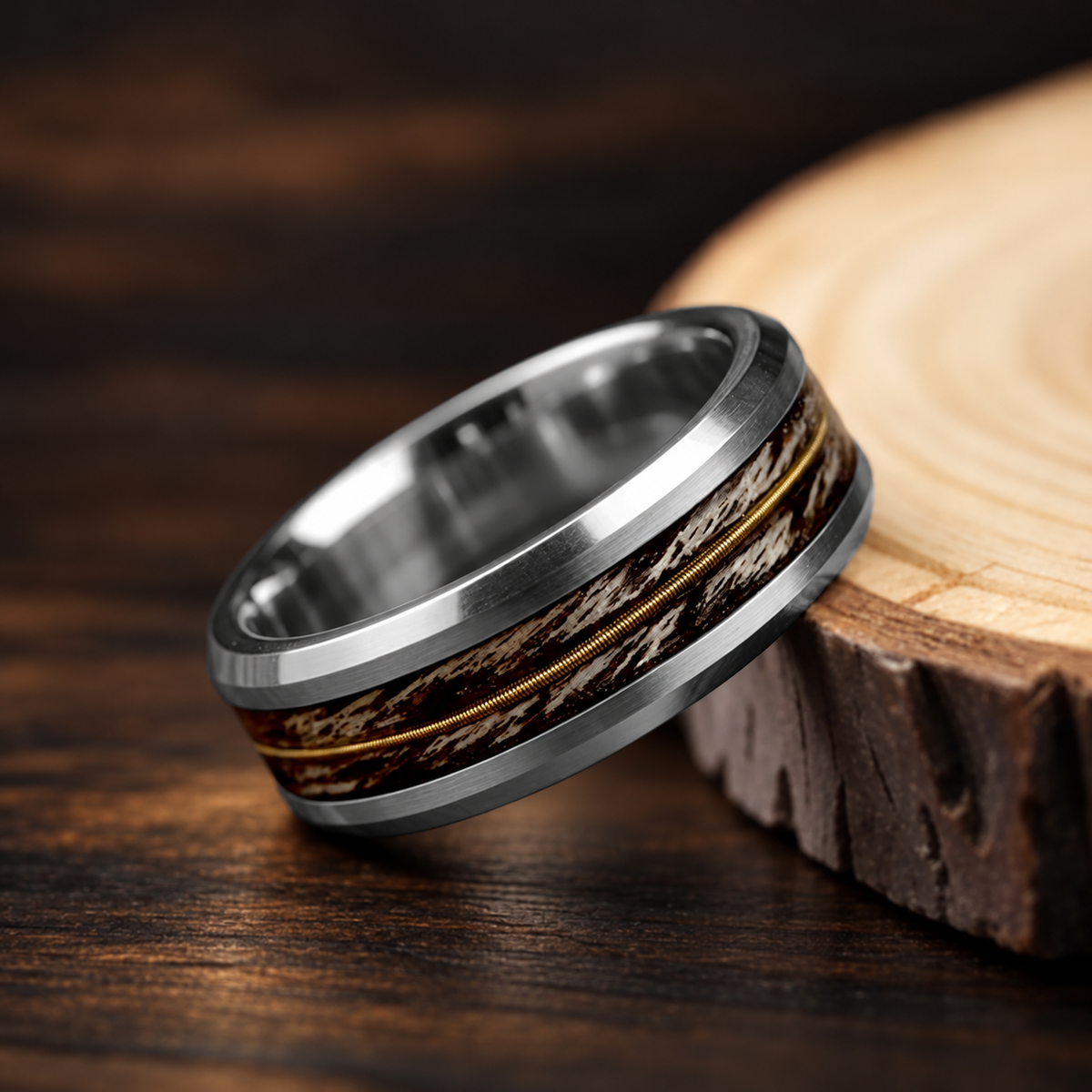 Tungsten Ring With Gray Oak Wood and Guitar String Inlay