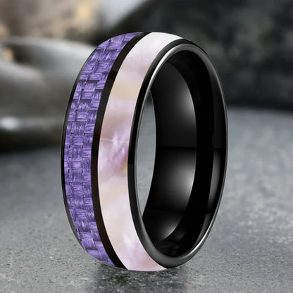 8MM Tungsten ring with Purple Carbon Fiber & Pink Abalone Inlay