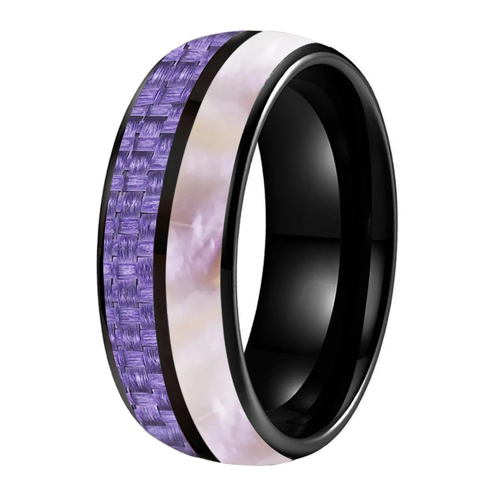 8MM Tungsten ring with Purple Carbon Fiber & Pink Abalone Inlay