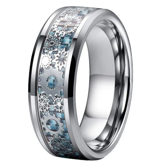 Unique Gear Wheel Inlay Tungsten Wedding Band