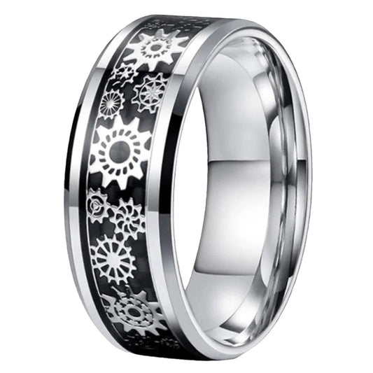 Unique Gear Wheel Inlay Tungsten Wedding Band