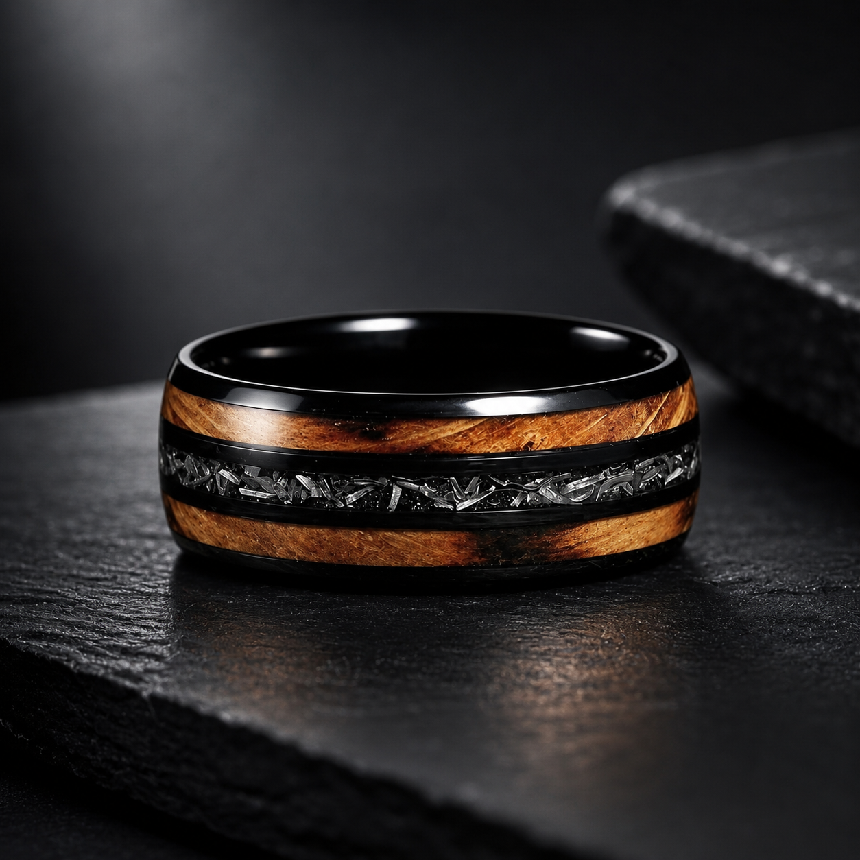 Whiskey Barrel Wood & Meteorite Black Tungsten Wedding Ring